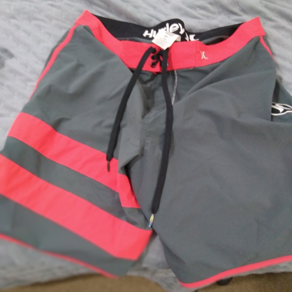 Hurley Red and Gray Men Swim Board Shorts